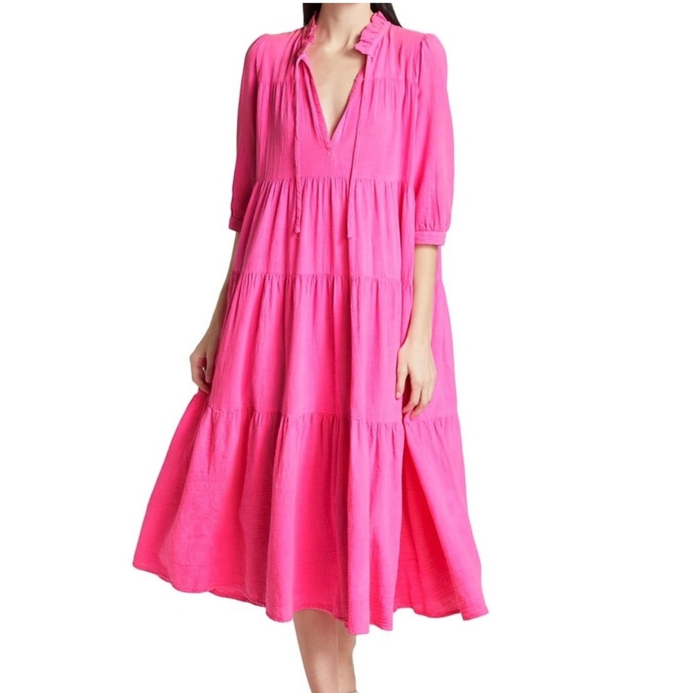 HONORINE Hibiscus Giselle Midi Dress Womens Pink Cotton Gauze Tiered Size‎ M